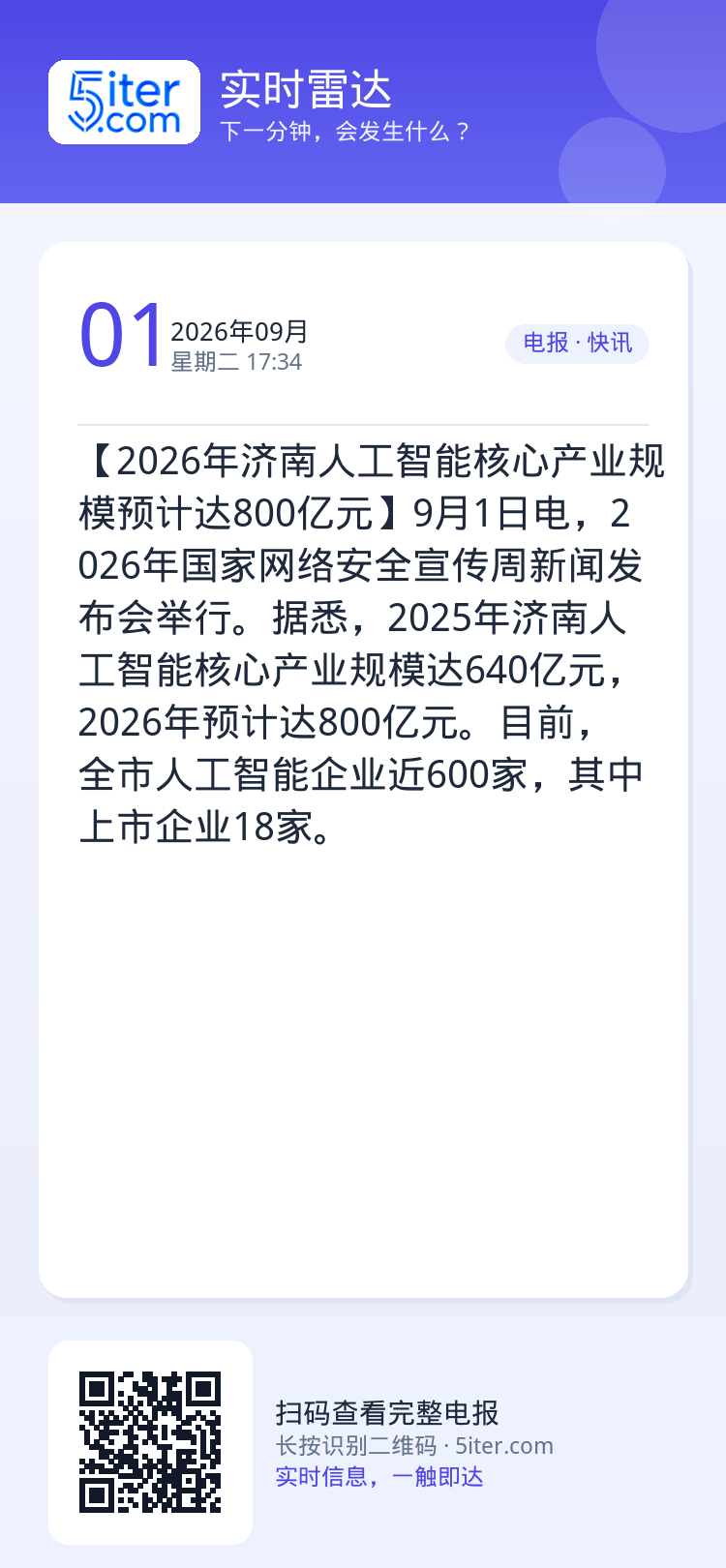 【2026年济南人工智能核心产业规模预计达800亿元】9月1日电，2026年国家网络安全宣传周新闻发布会举行。据悉，20