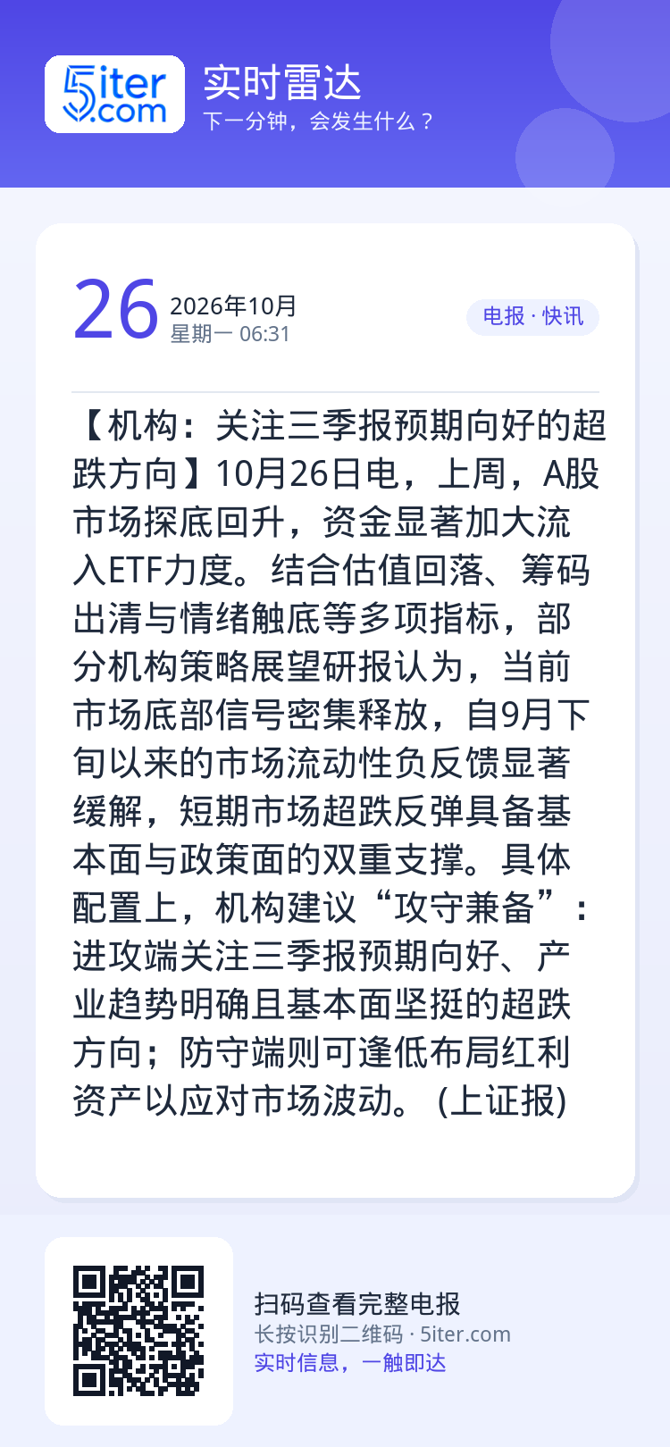【机构：关注三季报预期向好的超跌方向】10月26日电，上周，A股市场探底回升，资金显著加大流入ETF力度。结合估值回落、