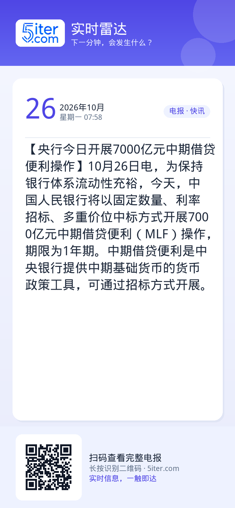【央行今日开展7000亿元中期借贷便利操作】10月26日电，为保持银行体系流动性充裕，今天，中国人民银行将以固定数量、利