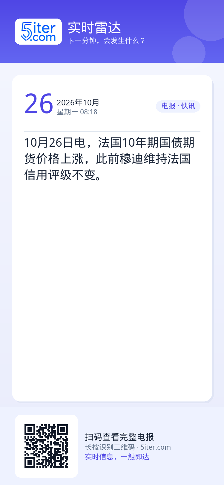 10月26日电，法国10年期国债期货价格上涨，此前穆迪维持法国信用评级不变。