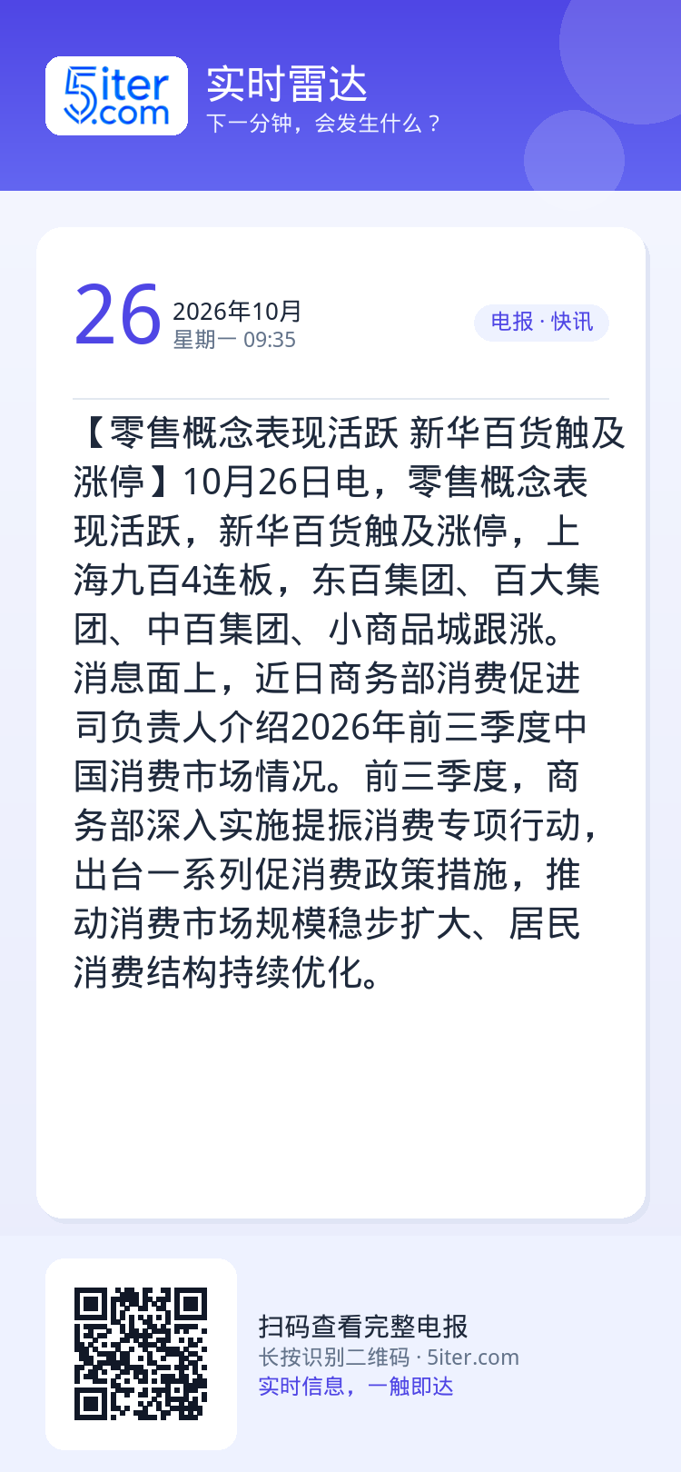 【零售概念表现活跃 新华百货触及涨停】10月26日电，零售概念表现活跃，新华百货触及涨停，上海九百4连板，东百集团、百大
