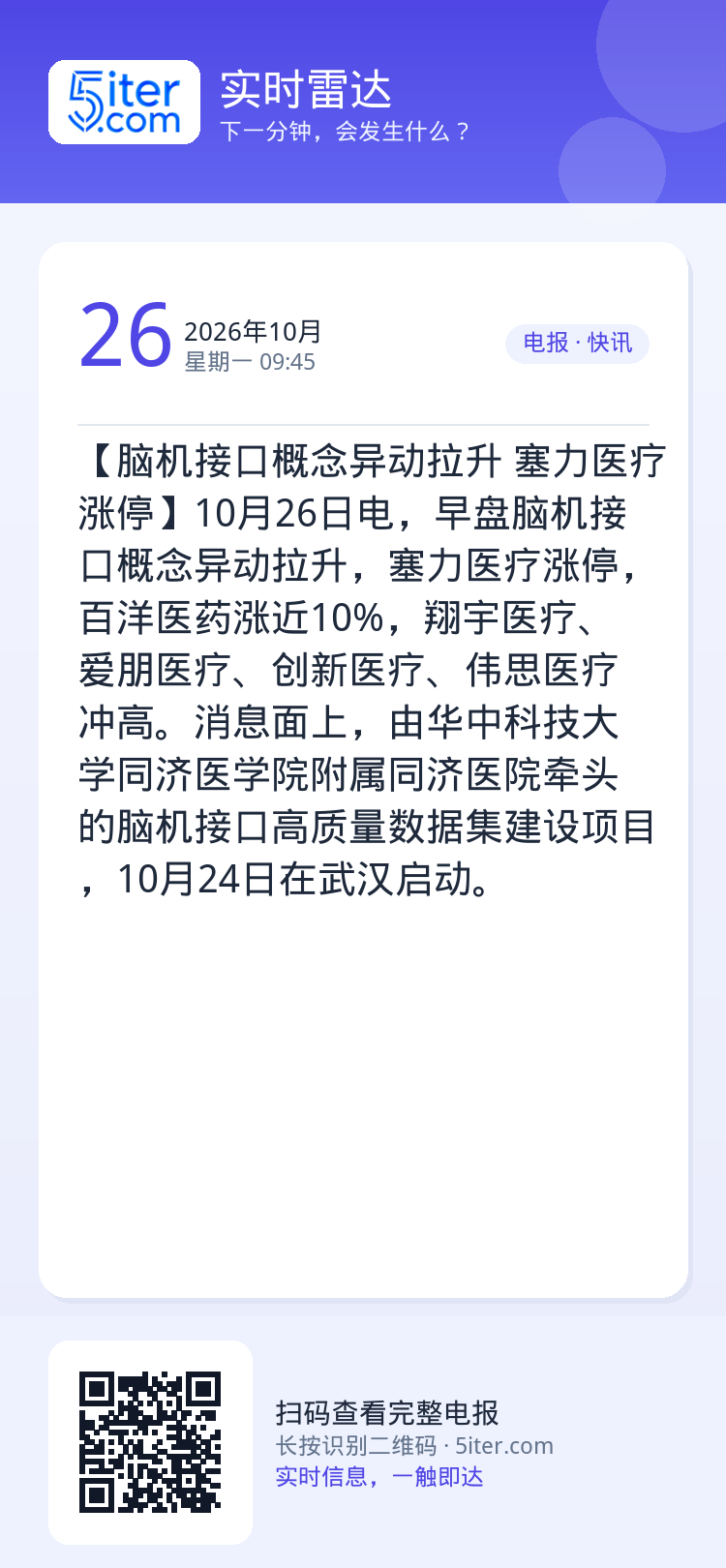【脑机接口概念异动拉升 塞力医疗涨停】10月26日电，早盘脑机接口概念异动拉升，塞力医疗涨停，百洋医药涨近10%，翔宇医