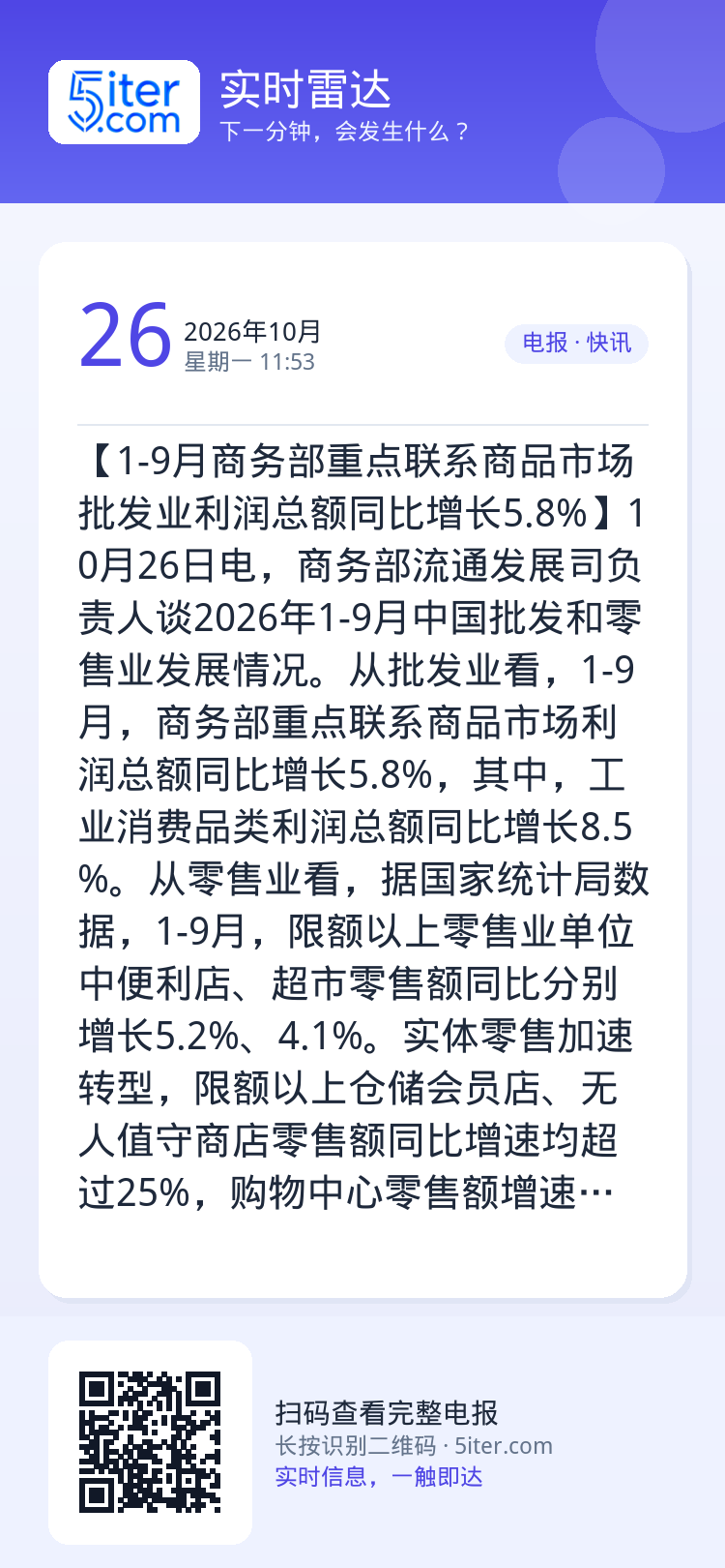 【1-9月商务部重点联系商品市场批发业利润总额同比增长5.8%】10月26日电，商务部流通发展司负责人谈2026年1-9