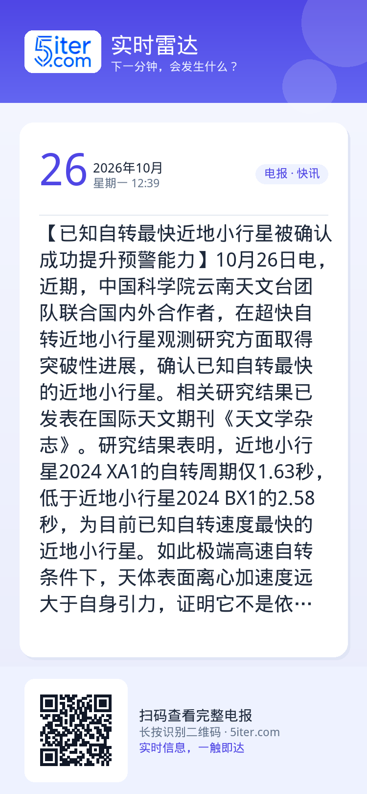 【已知自转最快近地小行星被确认 成功提升预警能力】10月26日电，近期，中国科学院云南天文台团队联合国内外合作者，在超快