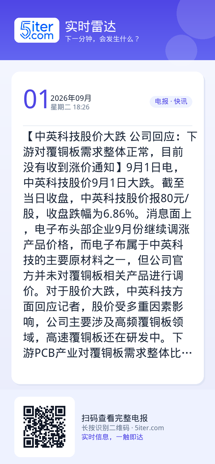 【中英科技股价大跌 公司回应：下游对覆铜板需求整体正常，目前没有收到涨价通知】9月1日电，中英科技股价9月1日大跌。截至