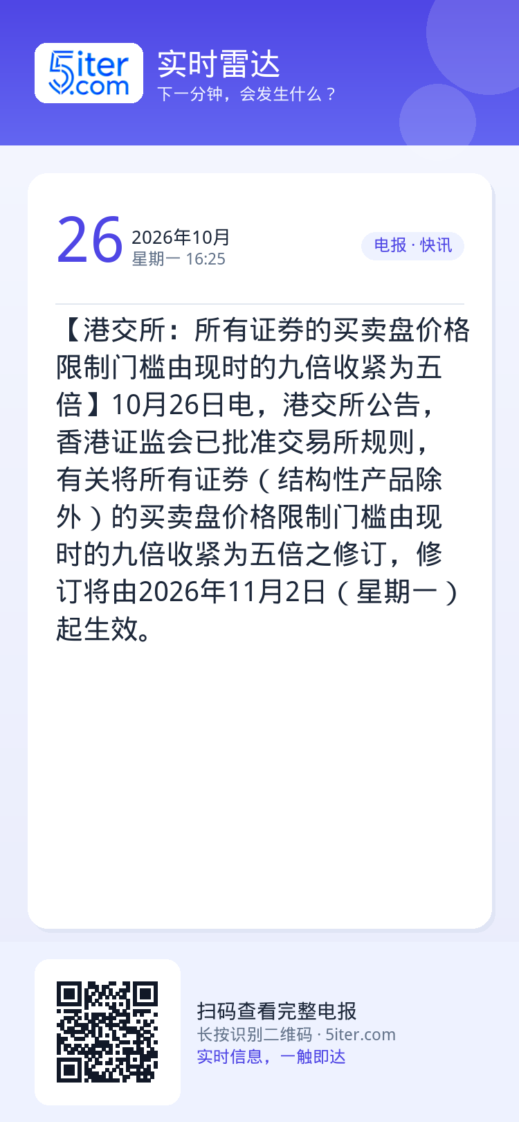 【港交所：所有证券的买卖盘价格限制门槛由现时的九倍收紧为五倍】10月26日电，港交所公告，香港证监会已批准交易所规则，有