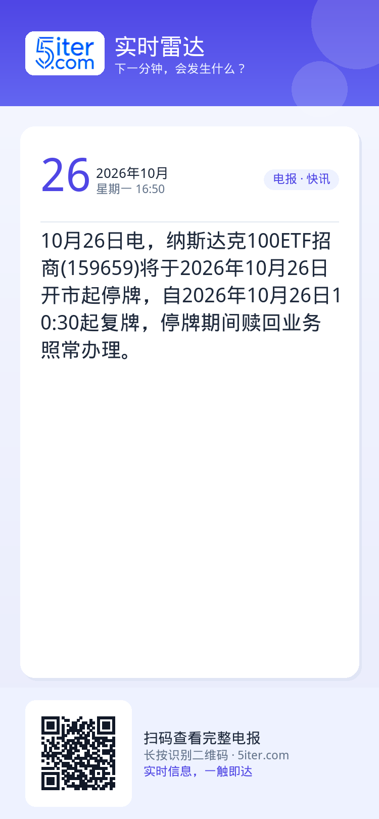 10月26日电，纳斯达克100ETF招商(159659)将于2026年10月26日开市起停牌，自2026年10月26日1