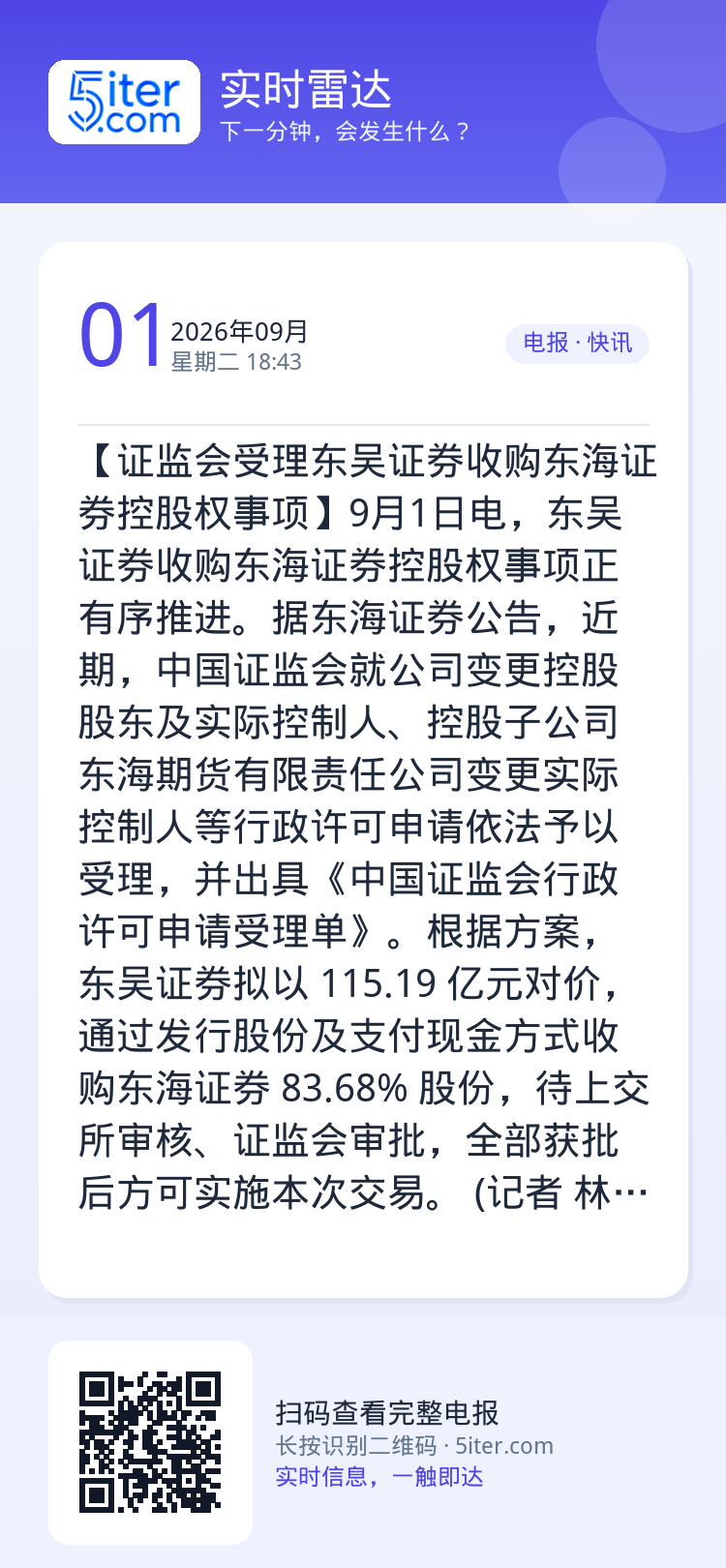 【证监会受理东吴证券收购东海证券控股权事项】9月1日电，东吴证券收购东海证券控股权事项正有序推进。据东海证券公告，近期，
