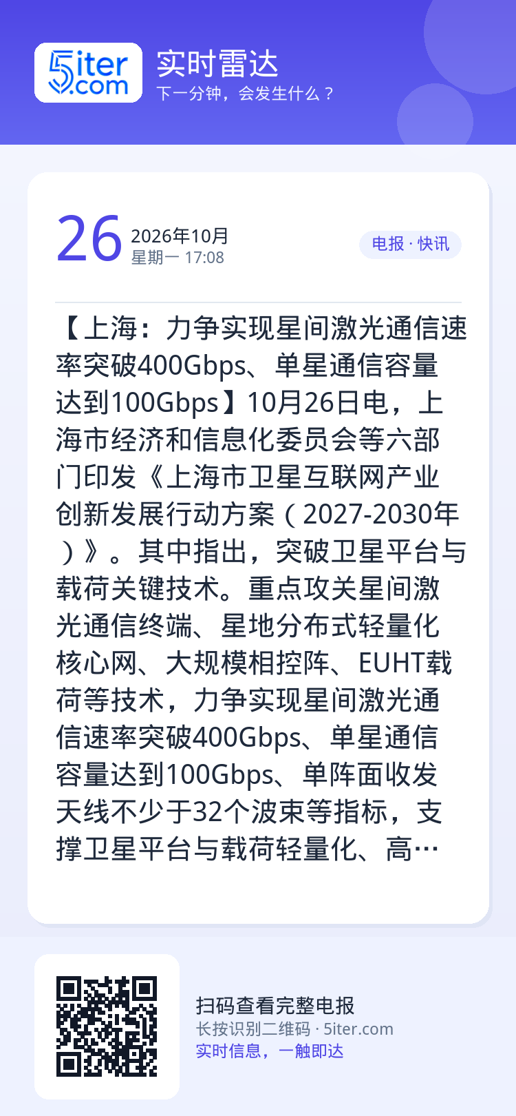 【上海：力争实现星间激光通信速率突破400Gbps、单星通信容量达到100Gbps】10月26日电，上海市经济和信息化委