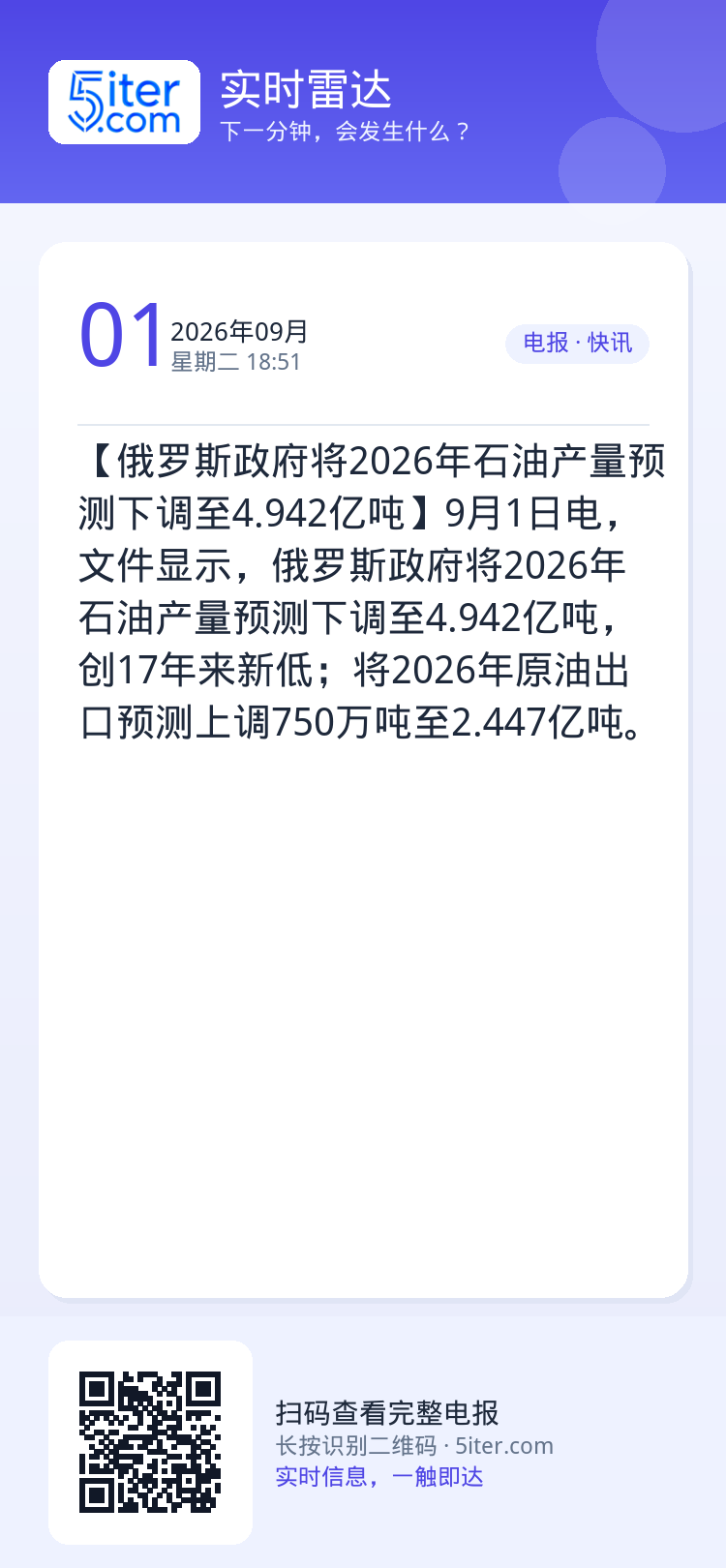 【俄罗斯政府将2026年石油产量预测下调至4.942亿吨】9月1日电，文件显示，俄罗斯政府将2026年石油产量预测下调至