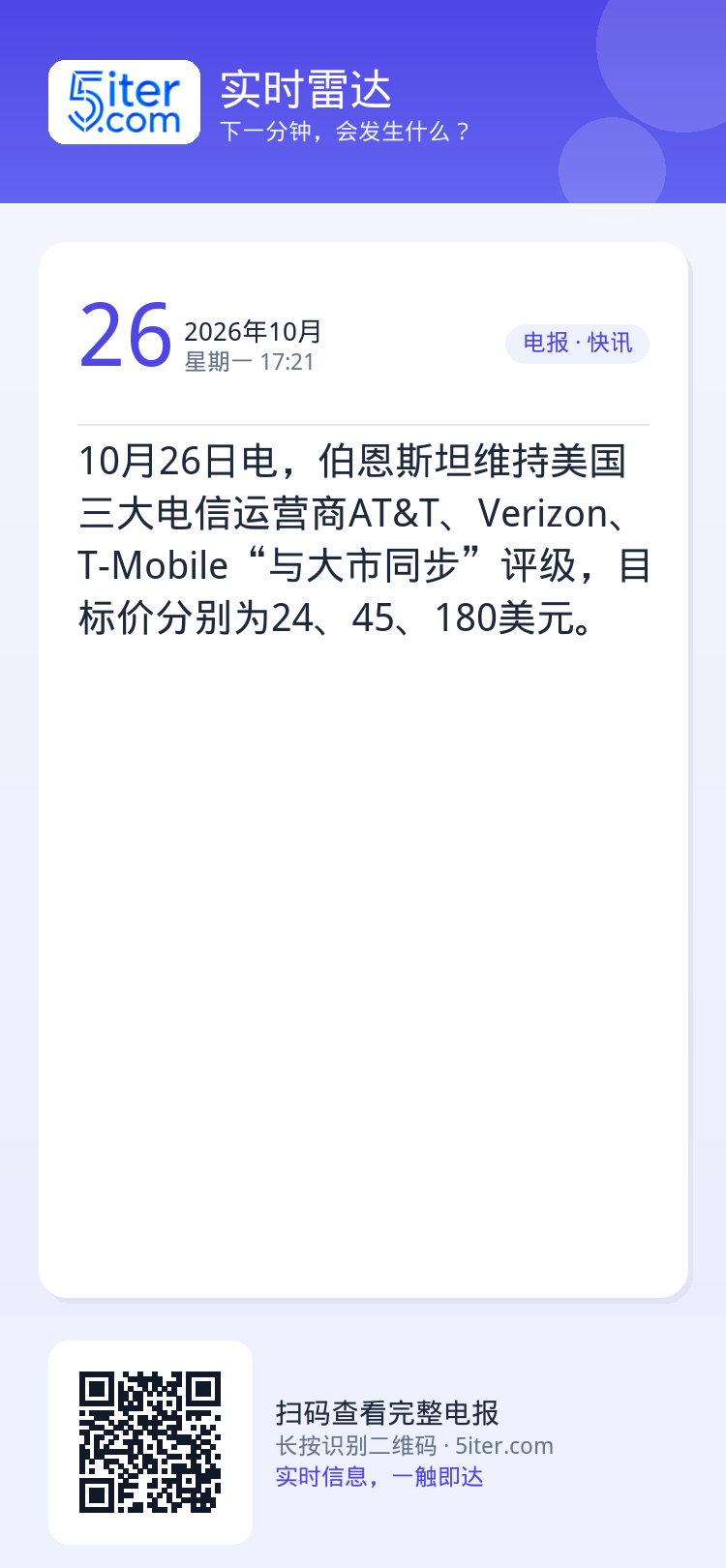10月26日电，伯恩斯坦维持美国三大电信运营商AT&T、Verizon、T-Mobile“与大市同步”评级，目标价分别为
