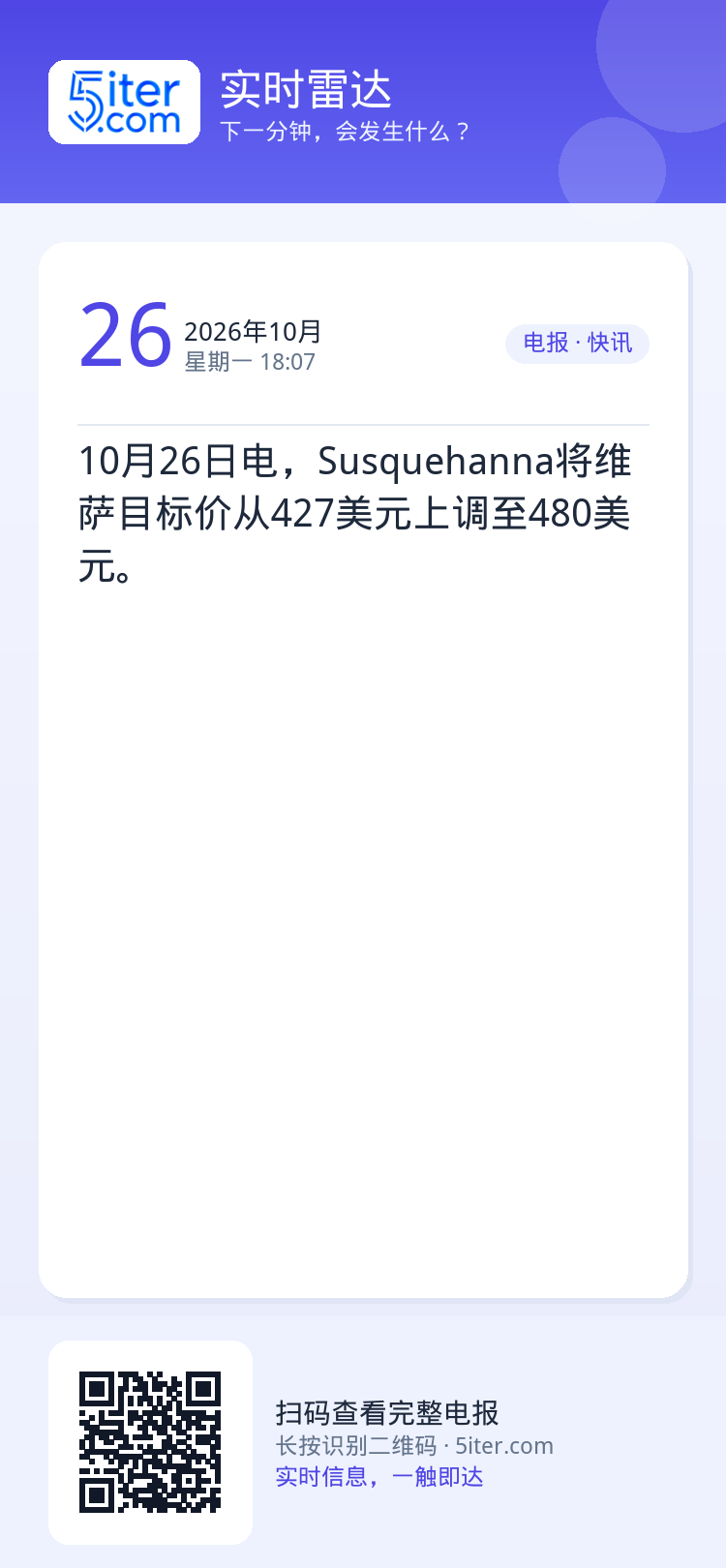 10月26日电，Susquehanna将维萨目标价从427美元上调至480美元。