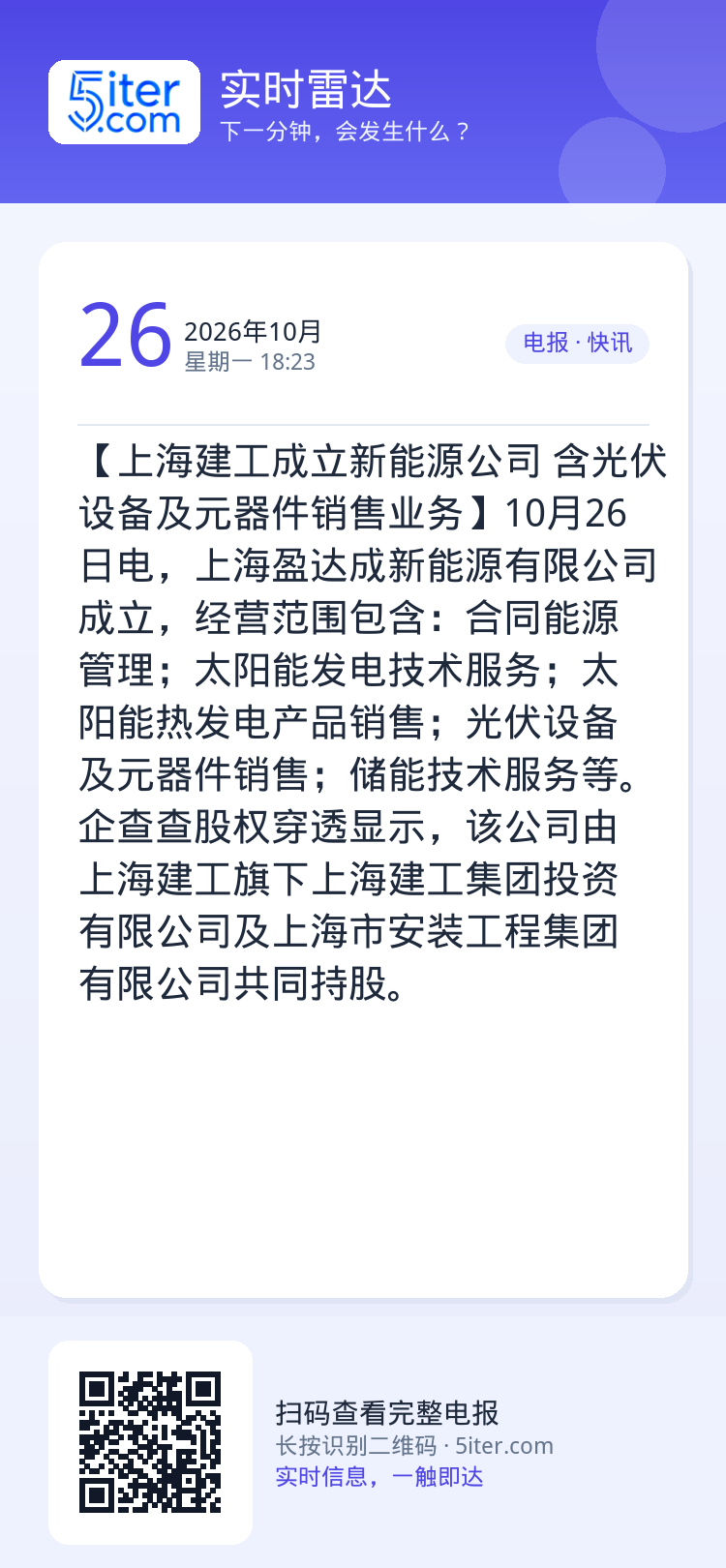 【上海建工成立新能源公司 含光伏设备及元器件销售业务】10月26日电，上海盈达成新能源有限公司成立，经营范围包含：合同能