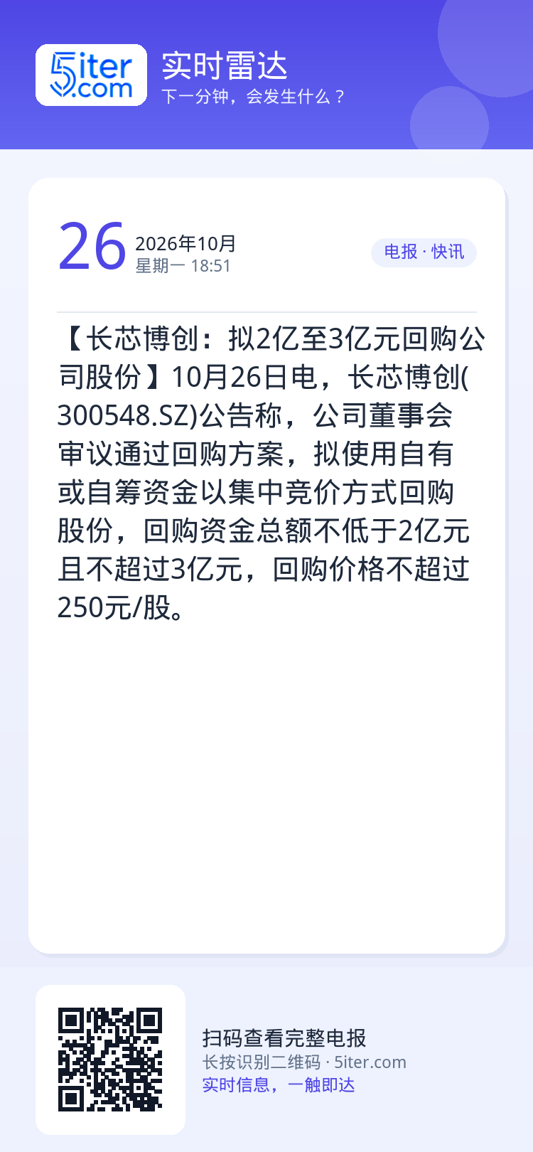 【长芯博创：拟2亿至3亿元回购公司股份】10月26日电，长芯博创(300548.SZ)公告称，公司董事会审议通过回购方案