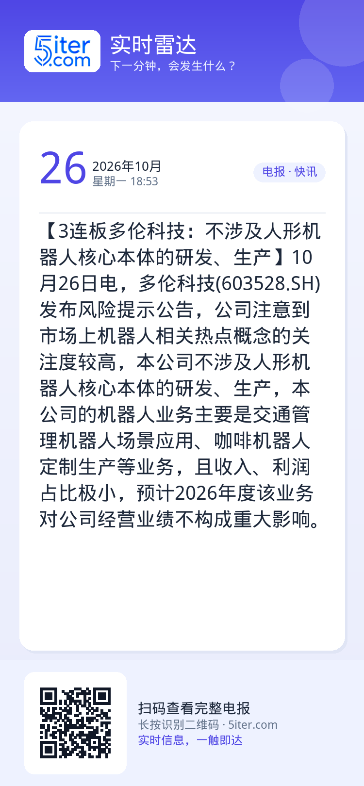 【3连板多伦科技：不涉及人形机器人核心本体的研发、生产】10月26日电，多伦科技(603528.SH)发布风险提示公告，