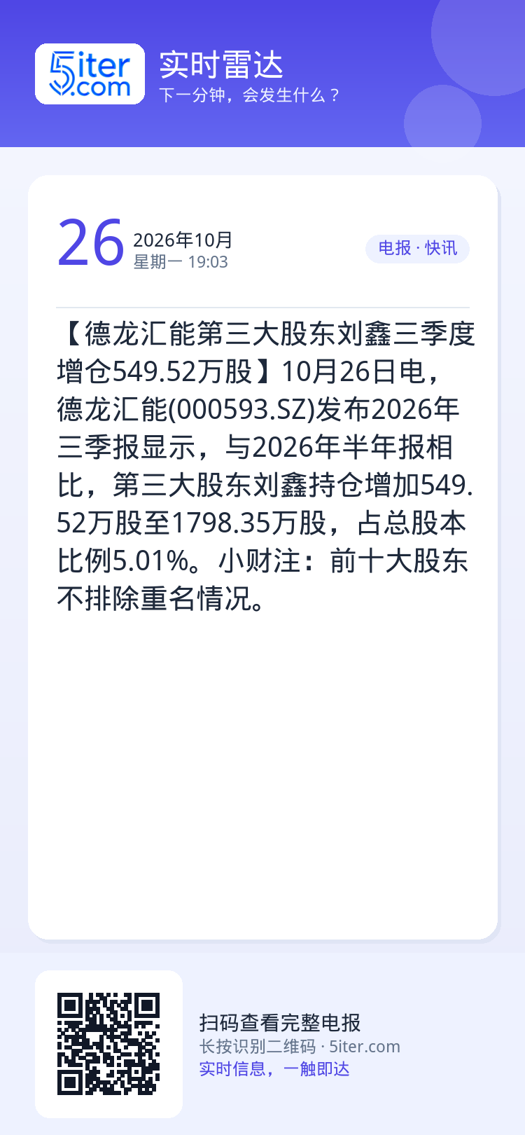 【德龙汇能第三大股东刘鑫三季度增仓549.52万股】10月26日电，德龙汇能(000593.SZ)发布2026年三季报显
