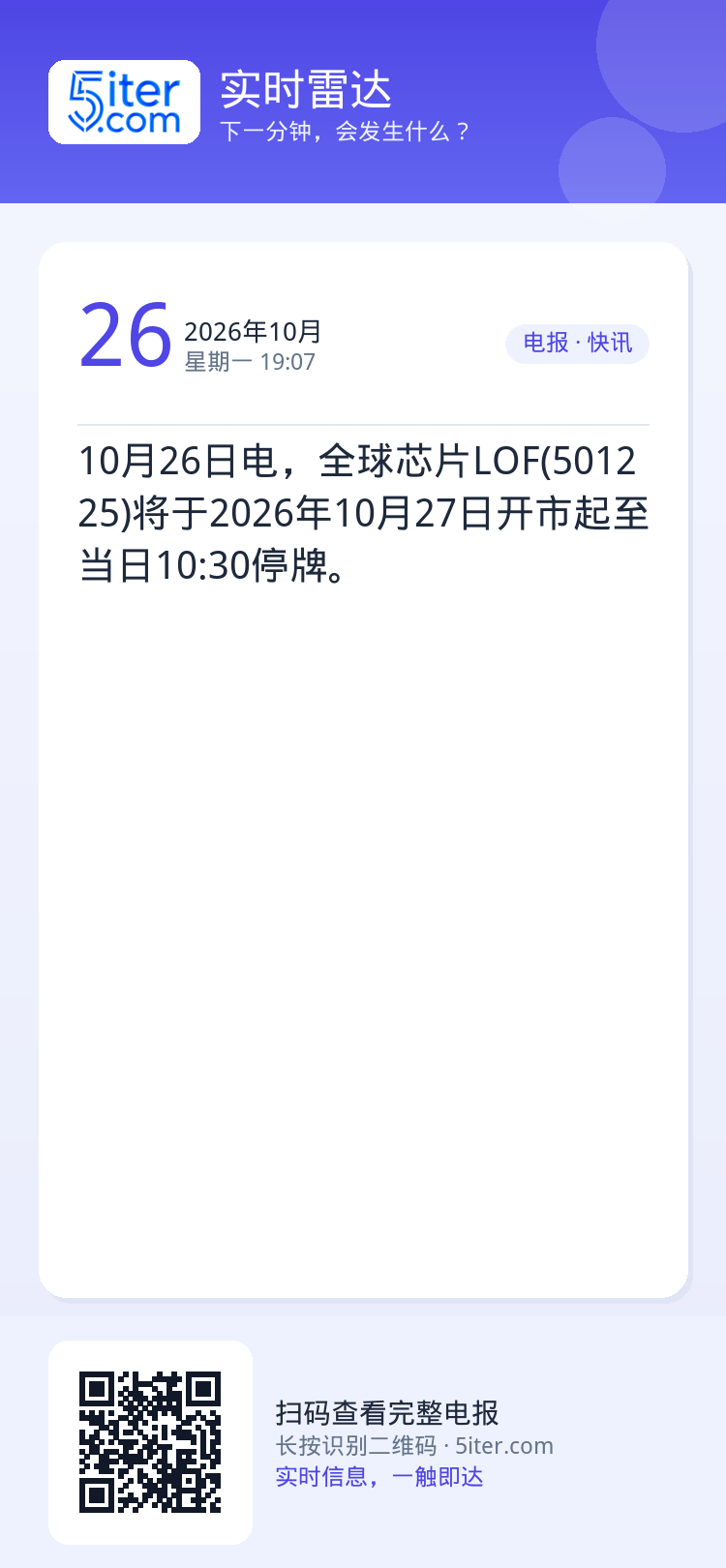 10月26日电，全球芯片LOF(501225)将于2026年10月27日开市起至当日10:30停牌。