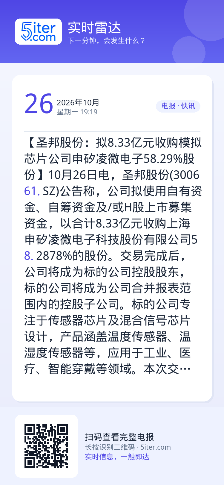 【圣邦股份：拟8.33亿元收购模拟芯片公司申矽凌微电子58.29%股份】10月26日电，圣邦股份(300661.SZ)公