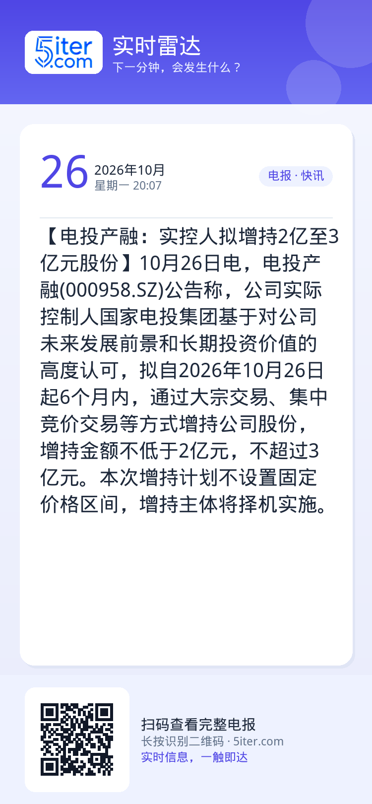 【电投产融：实控人拟增持2亿至3亿元股份】10月26日电，电投产融(000958.SZ)公告称，公司实际控制人国家电投集