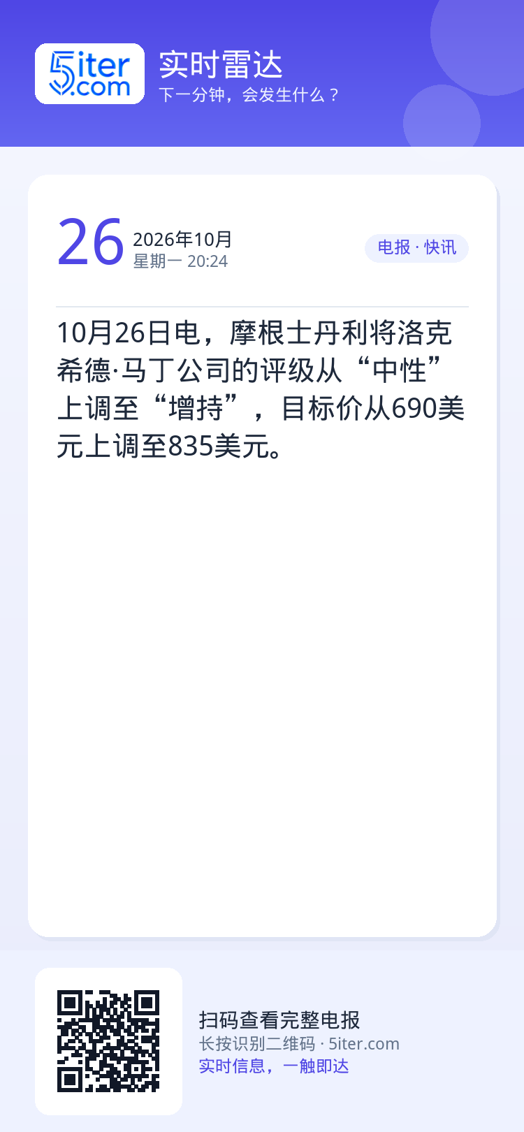 10月26日电，摩根士丹利将洛克希德·马丁公司的评级从“中性”上调至“增持”，目标价从690美元上调至835美元。