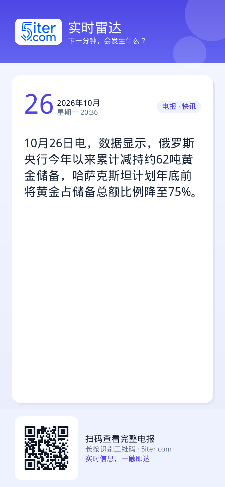 10月26日电，数据显示，俄罗斯央行今年以来累计减持约62吨黄金储备，哈萨克斯坦计划年底前将黄金占储备总额比例降至75%