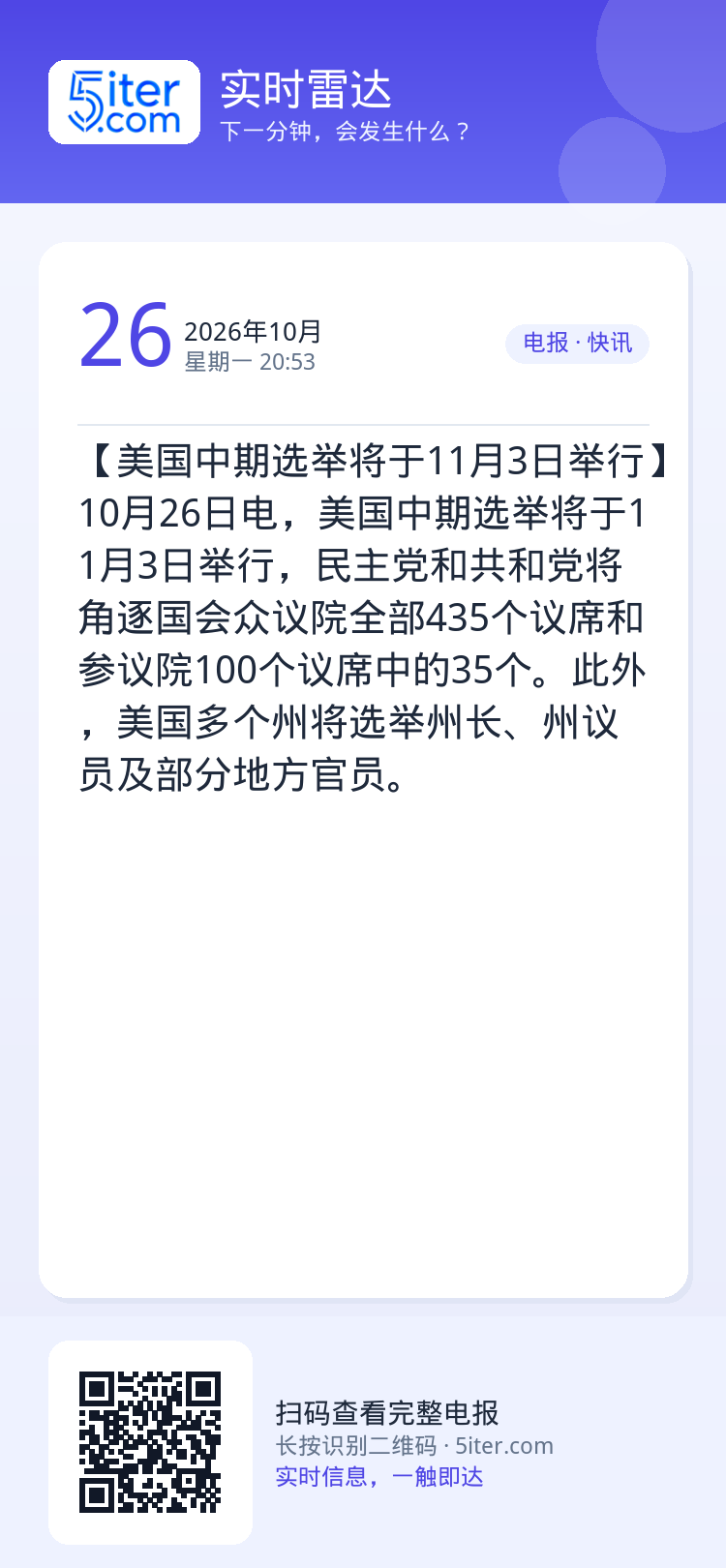 【美国中期选举将于11月3日举行】10月26日电，美国中期选举将于11月3日举行，民主党和共和党将角逐国会众议院全部43
