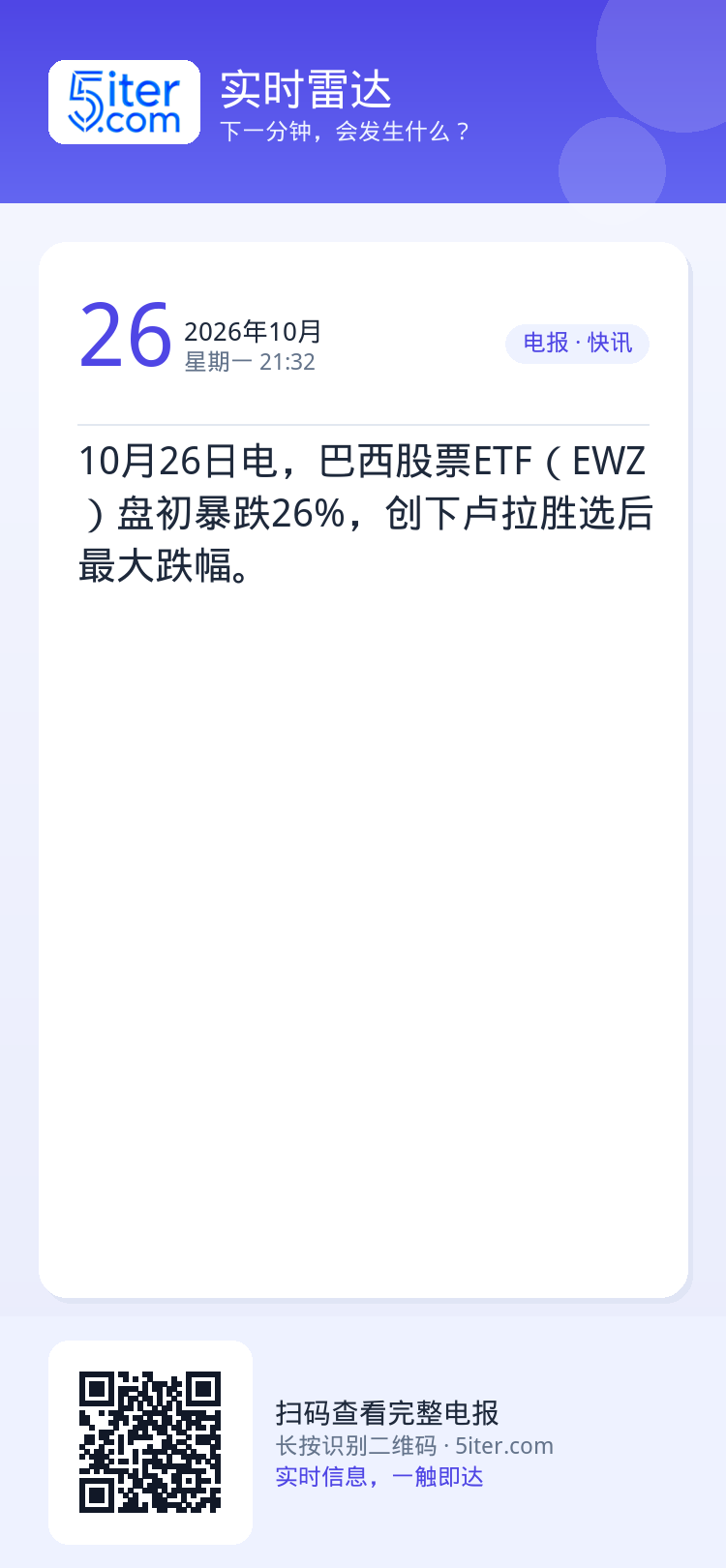 10月26日电，巴西股票ETF（EWZ）盘初暴跌26%，创下卢拉胜选后最大跌幅。