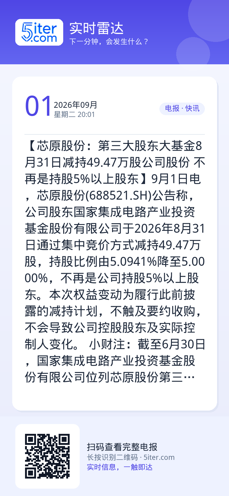 【芯原股份：第三大股东大基金8月31日减持49.47万股公司股份 不再是持股5%以上股东】9月1日电，芯原股份(6885