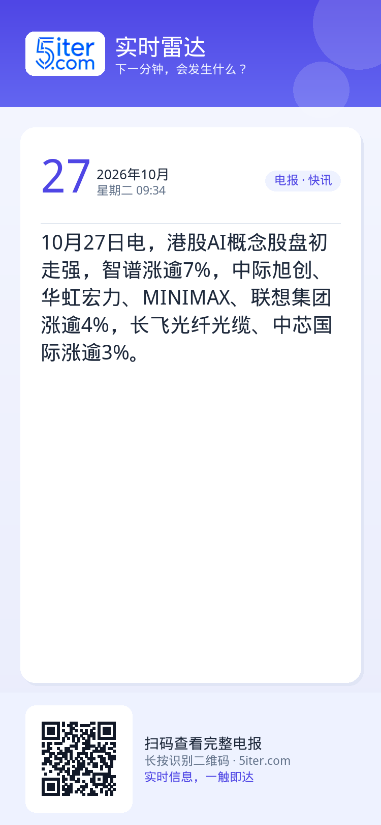 10月27日电，港股AI概念股盘初走强，智谱涨逾7%，中际旭创、华虹宏力、MINIMAX、联想集团涨逾4%，长飞光纤光缆
