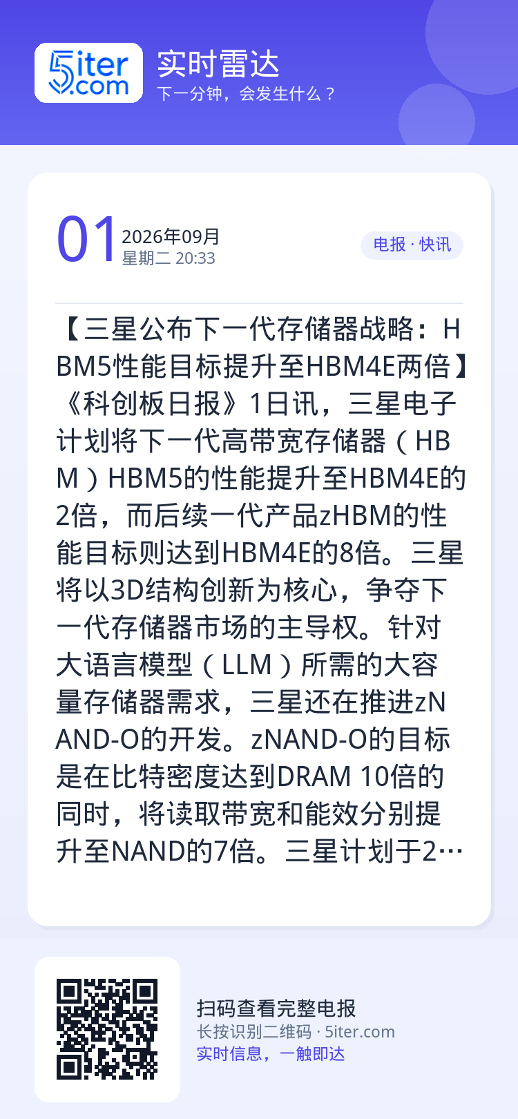【三星公布下一代存储器战略：HBM5性能目标提升至HBM4E两倍】《科创板日报》1日讯，三星电子计划将下一代高带宽存储器