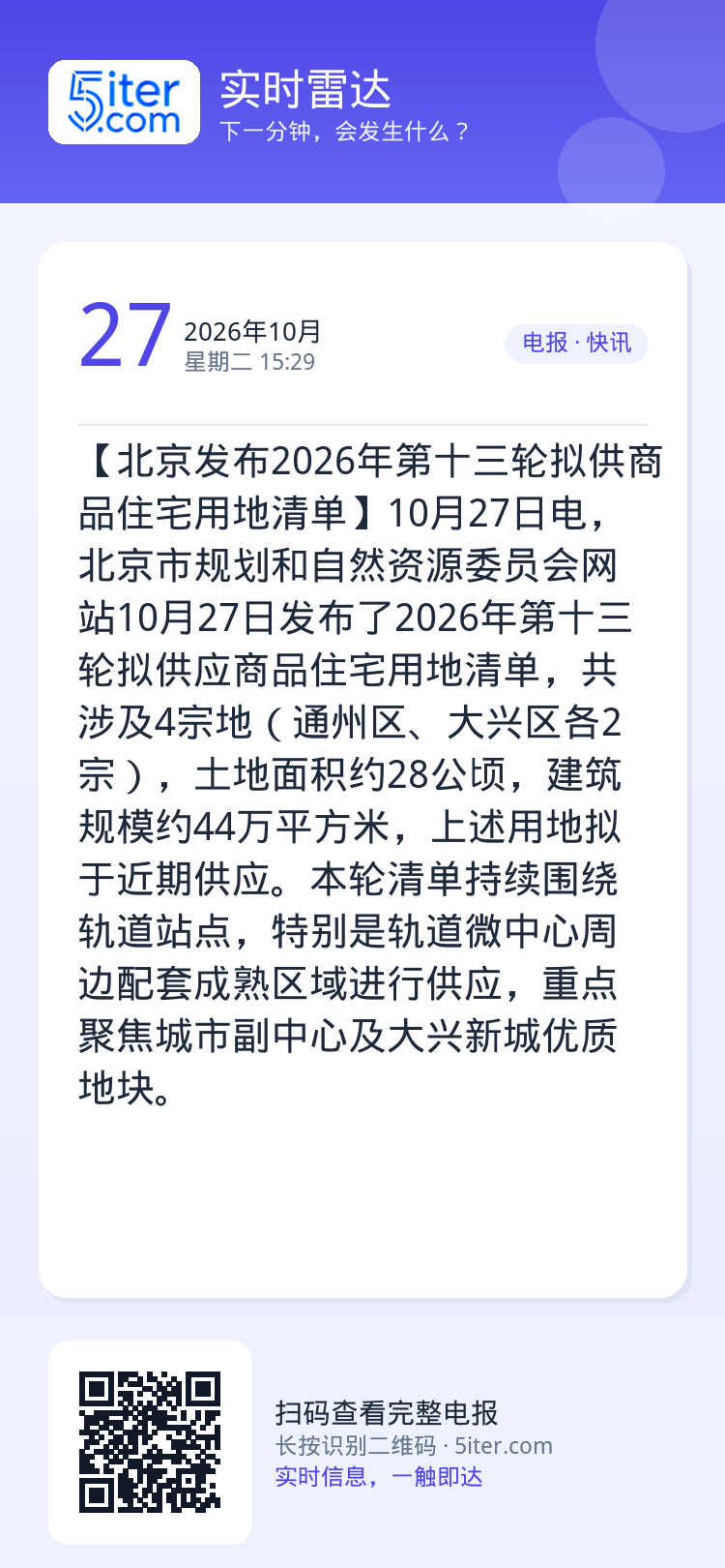 【北京发布2026年第十三轮拟供商品住宅用地清单】10月27日电，北京市规划和自然资源委员会网站10月27日发布了202