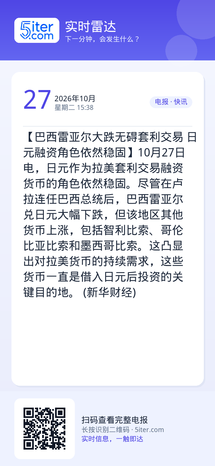 【巴西雷亚尔大跌无碍套利交易 日元融资角色依然稳固】10月27日电，日元作为拉美套利交易融资货币的角色依然稳固。尽管在卢