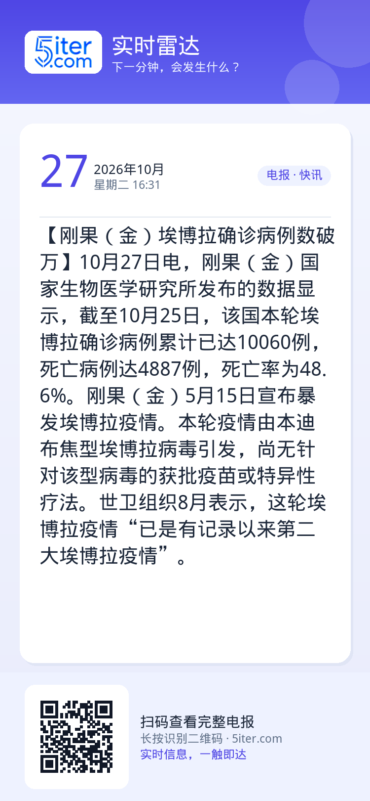 【刚果（金）埃博拉确诊病例数破万】10月27日电，刚果（金）国家生物医学研究所发布的数据显示，截至10月25日，该国本轮