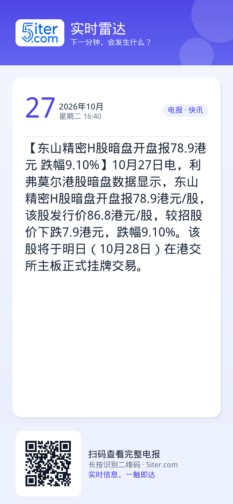 【东山精密H股暗盘开盘报78.9港元 跌幅9.10%】10月27日电，利弗莫尔港股暗盘数据显示，东山精密H股暗盘开盘报7