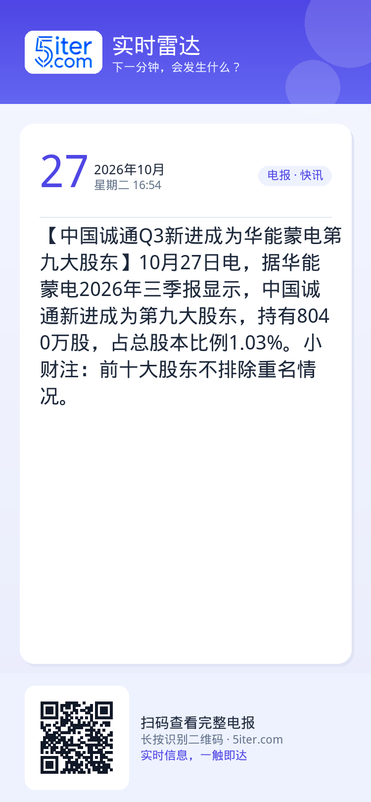 【中国诚通Q3新进成为华能蒙电第九大股东】10月27日电，据华能蒙电2026年三季报显示，中国诚通新进成为第九大股东，持