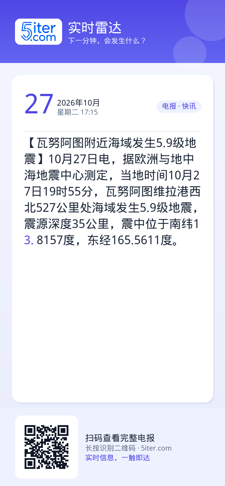 【瓦努阿图附近海域发生5.9级地震】10月27日电，据欧洲与地中海地震中心测定，当地时间10月27日19时55分，瓦努阿
