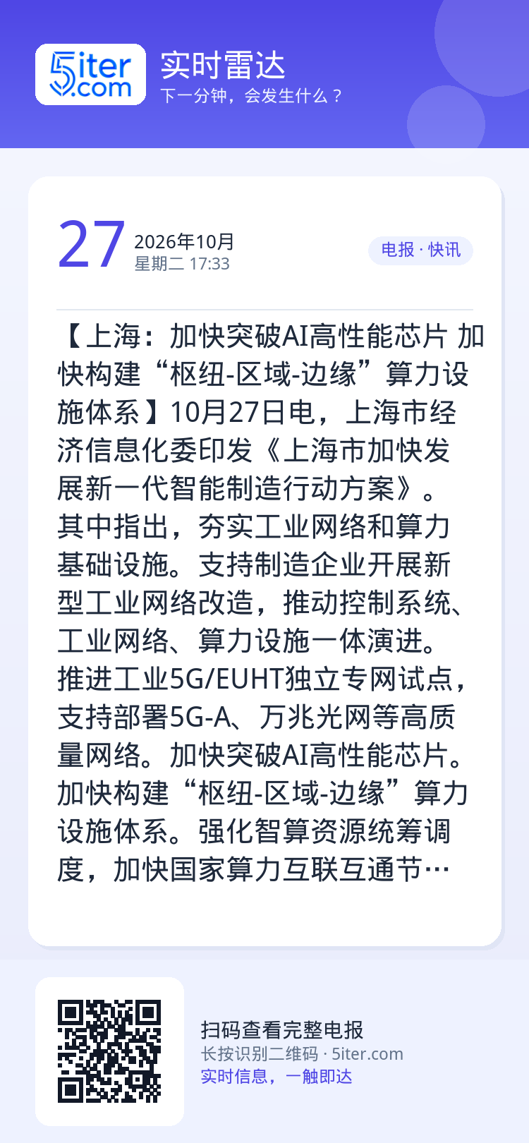 【上海：加快突破AI高性能芯片 加快构建“枢纽-区域-边缘”算力设施体系】10月27日电，上海市经济信息化委印发《上海市