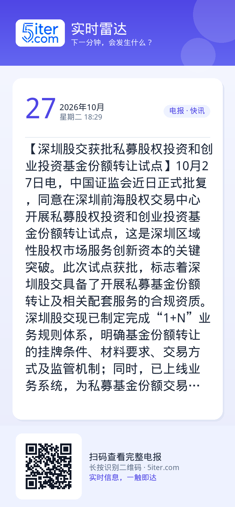 【深圳股交获批私募股权投资和创业投资基金份额转让试点】10月27日电，中国证监会近日正式批复，同意在深圳前海股权交易中心