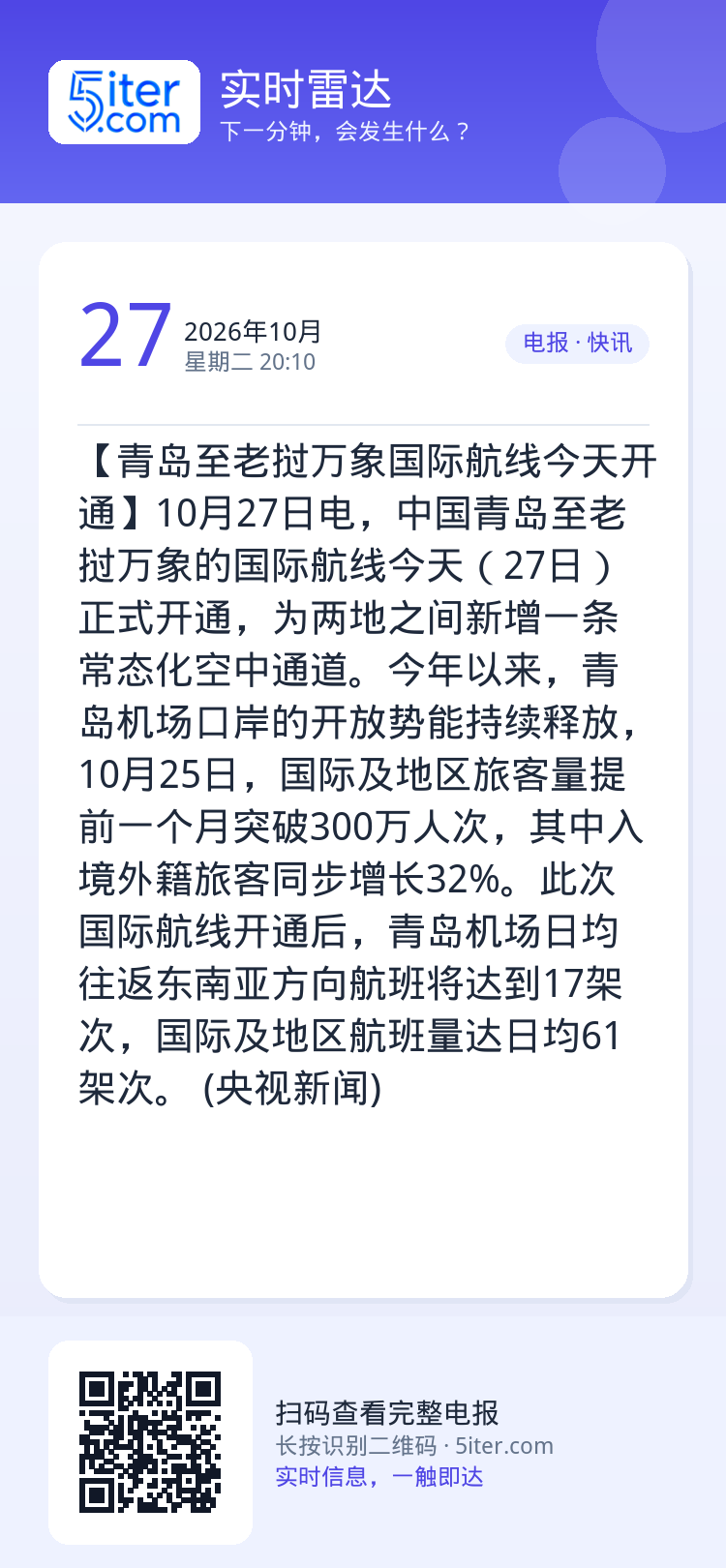 【青岛至老挝万象国际航线今天开通】10月27日电，中国青岛至老挝万象的国际航线今天（27日）正式开通，为两地之间新增一条