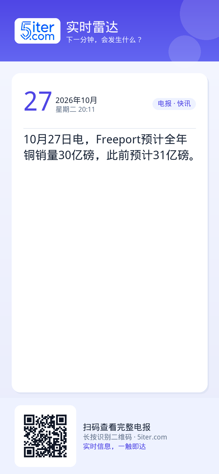 10月27日电，Freeport预计全年铜销量30亿磅，此前预计31亿磅。