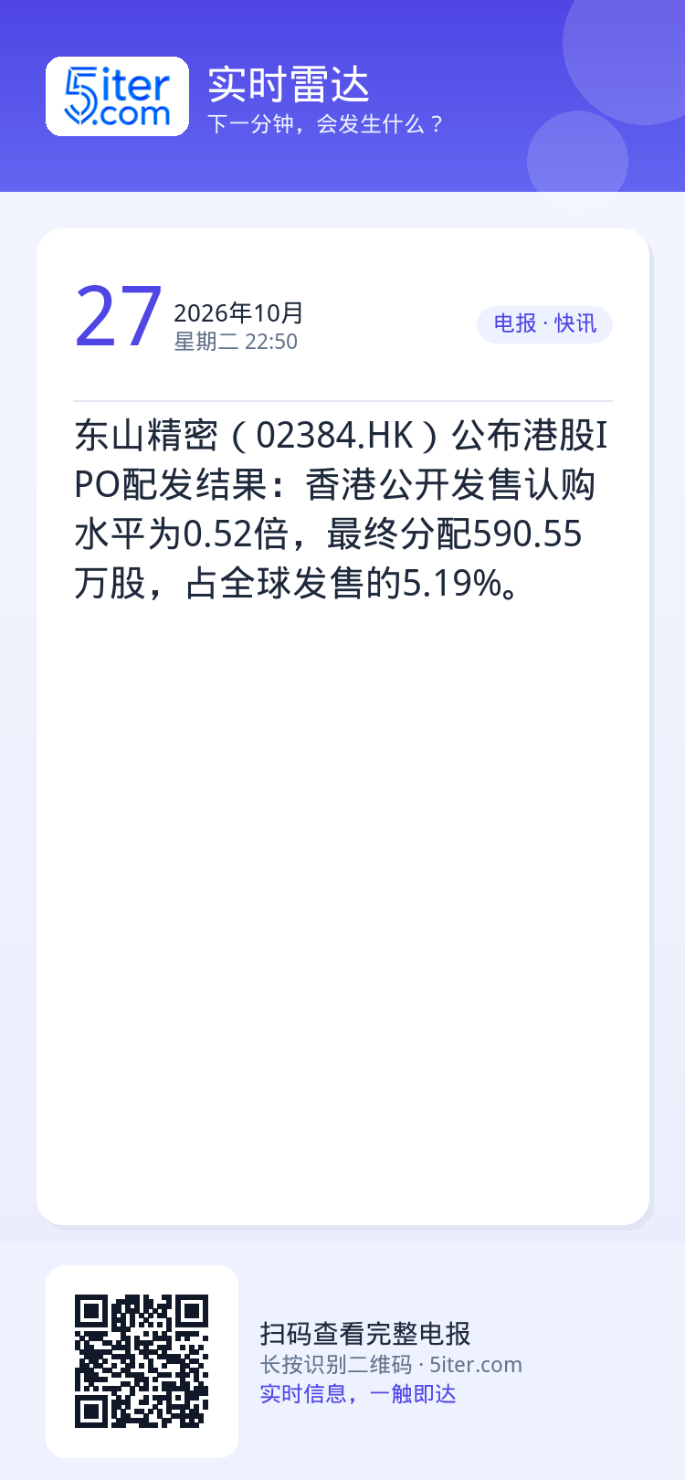 东山精密（02384.HK）公布港股IPO配发结果：香港公开发售认购水平为0.52倍，最终分配590.55万股，占全球发