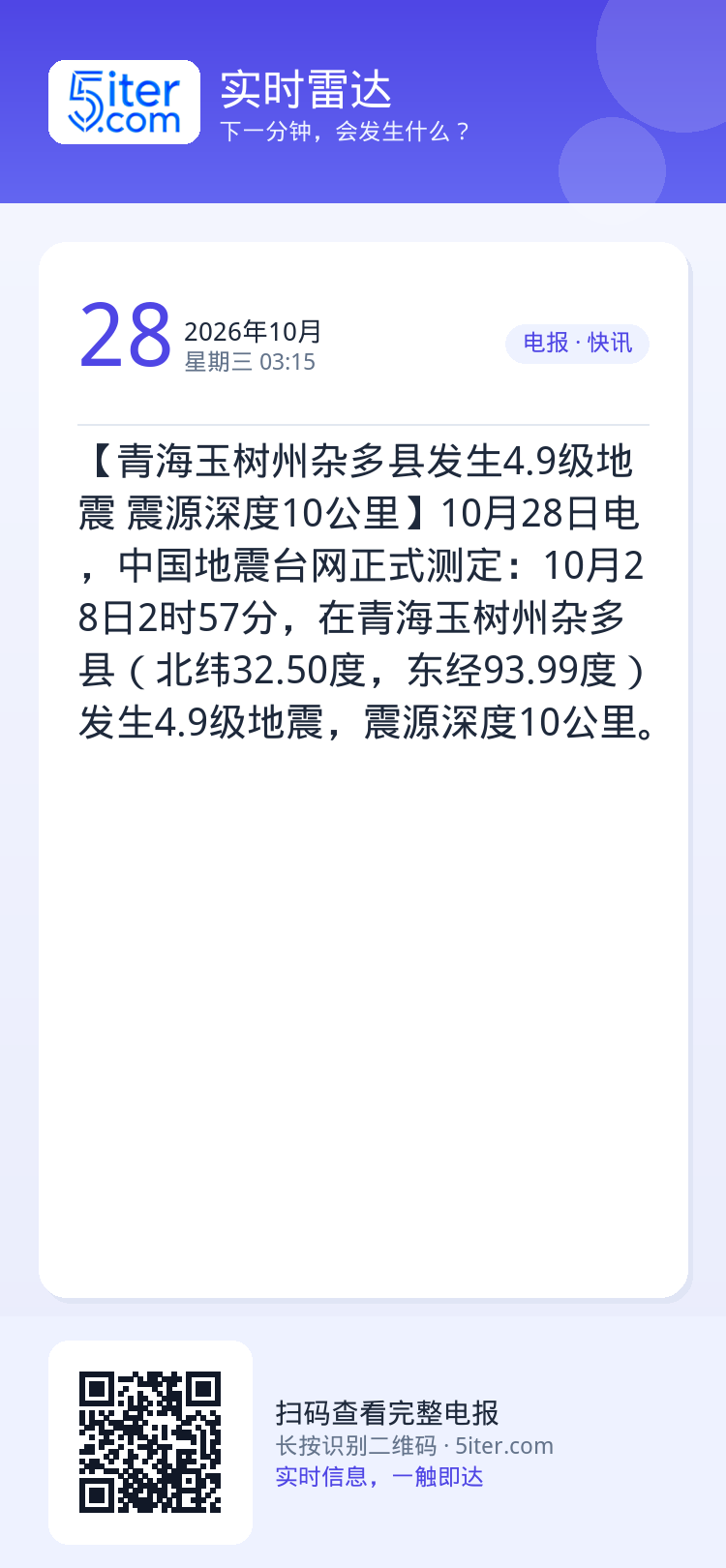 【青海玉树州杂多县发生4.9级地震 震源深度10公里】10月28日电，中国地震台网正式测定：10月28日2时57分，在青