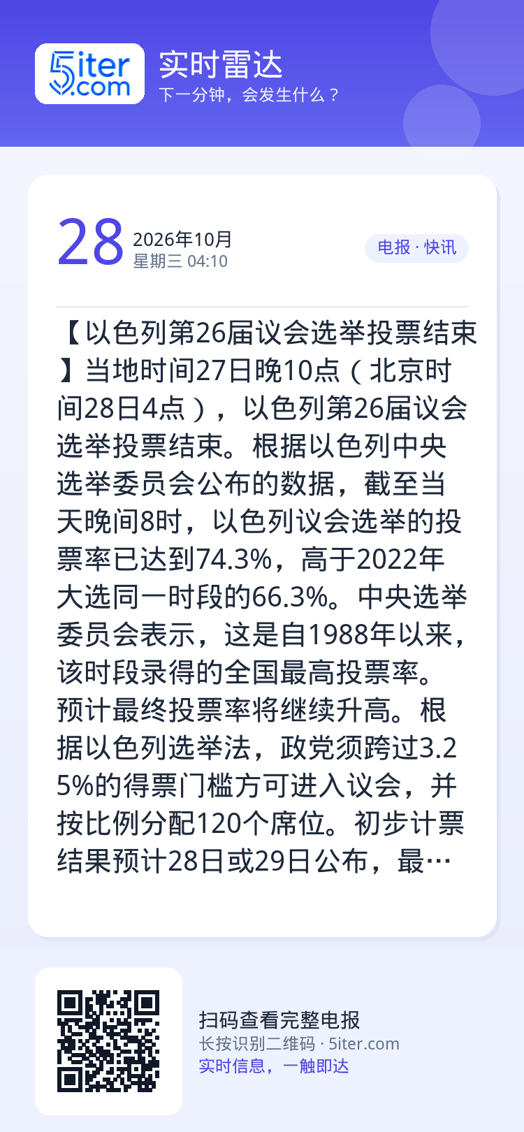 【以色列第26届议会选举投票结束】当地时间27日晚10点（北京时间28日4点），以色列第26届议会选举投票结束。根据以色