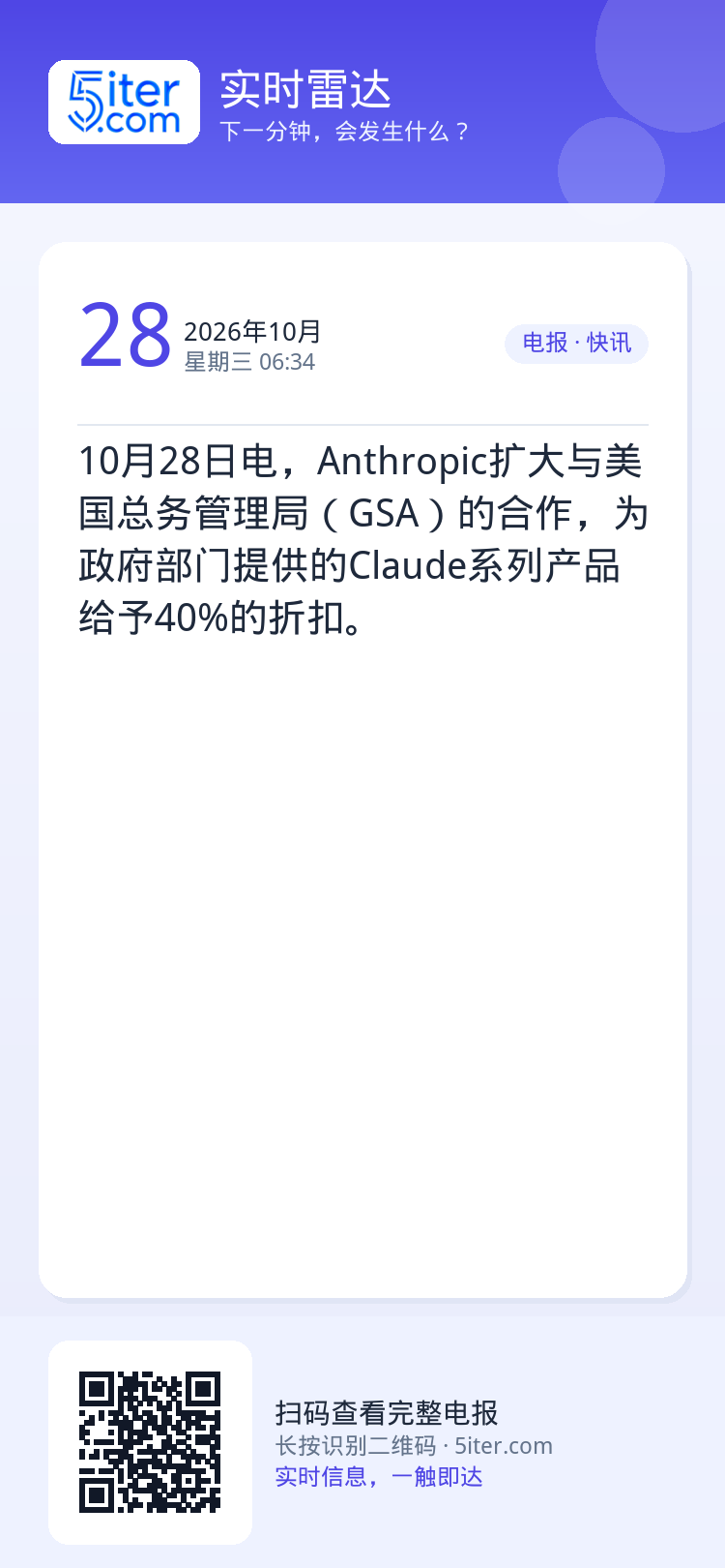 10月28日电，Anthropic扩大与美国总务管理局（GSA）的合作，为政府部门提供的Claude系列产品给予40%的