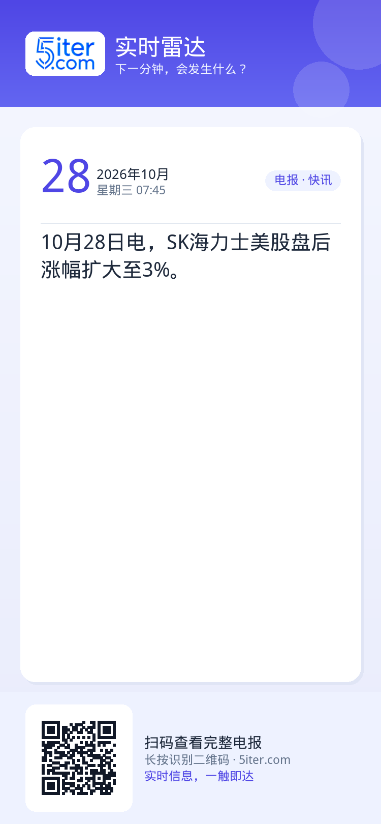 10月28日电，SK海力士美股盘后涨幅扩大至3%。