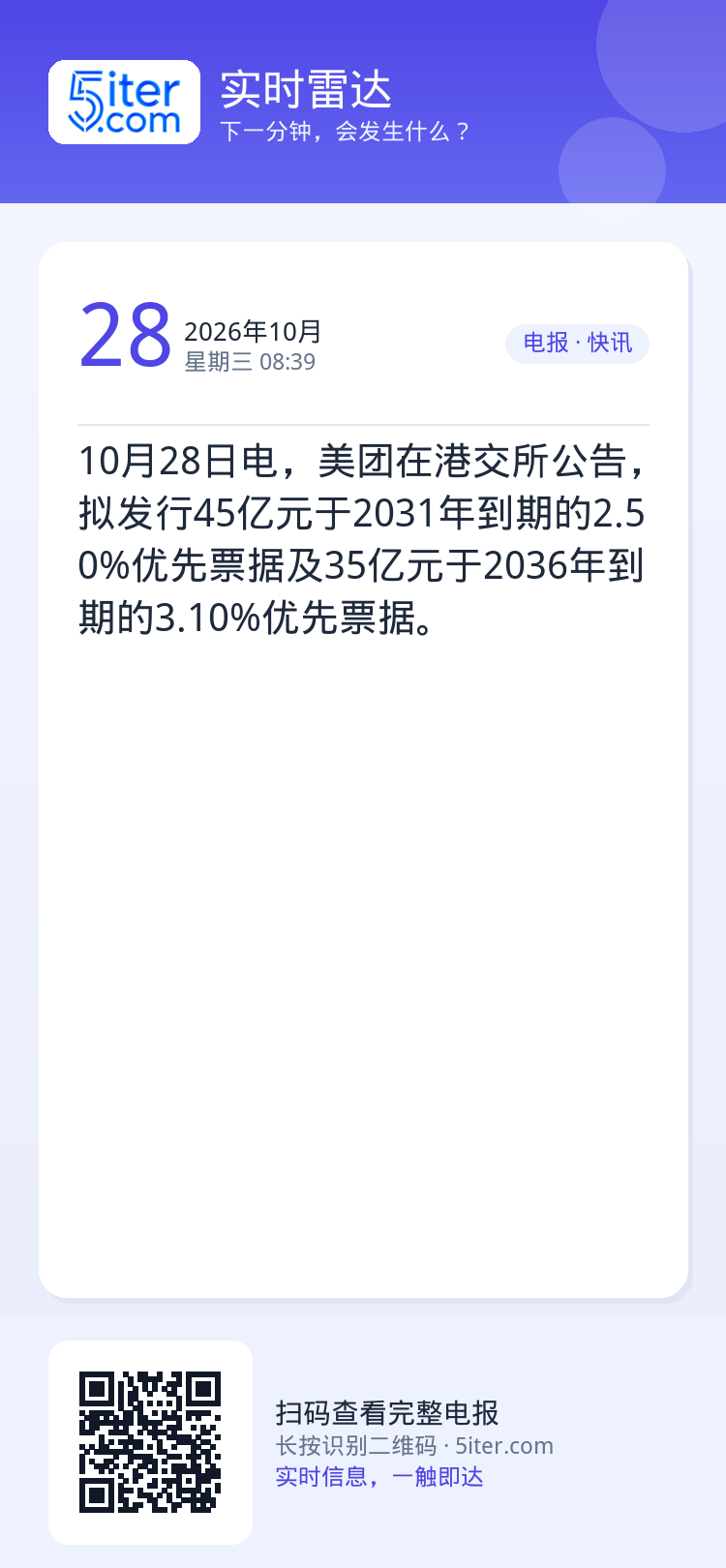 10月28日电，美团在港交所公告，拟发行45亿元于2031年到期的2.50%优先票据及35亿元于2036年到期的3.10