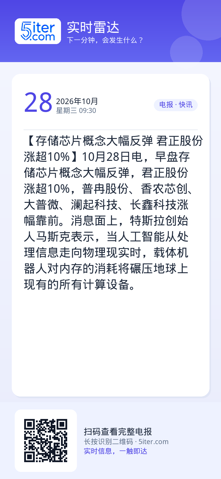 【存储芯片概念大幅反弹 君正股份涨超10%】10月28日电，早盘存储芯片概念大幅反弹，君正股份涨超10%，普冉股份、香农