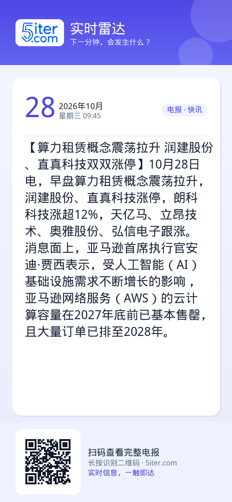 【算力租赁概念震荡拉升 润建股份、直真科技双双涨停】10月28日电，早盘算力租赁概念震荡拉升，润建股份、直真科技涨停，朗