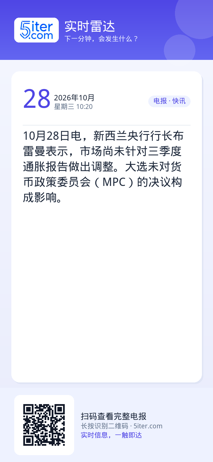 10月28日电，新西兰央行行长布雷曼表示，市场尚未针对三季度通胀报告做出调整。大选未对货币政策委员会（MPC）的决议构成