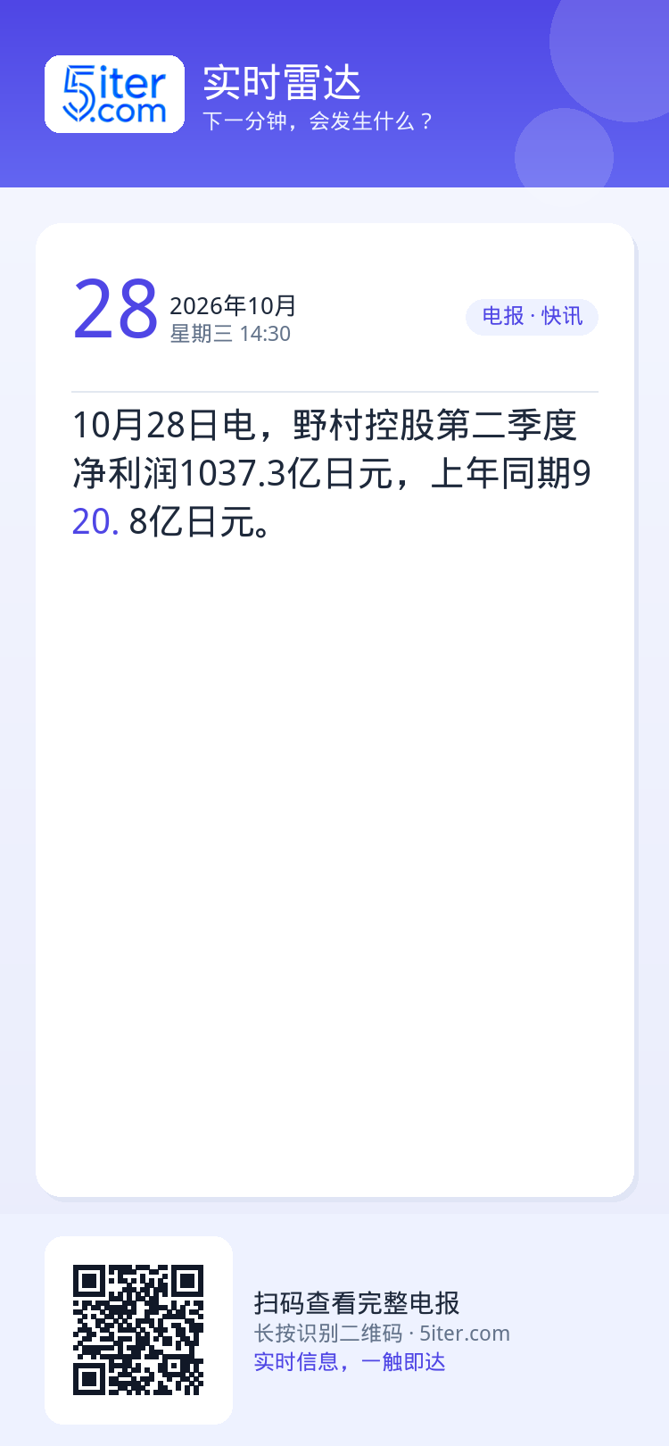 10月28日电，野村控股第二季度净利润1037.3亿日元，上年同期920.8亿日元。